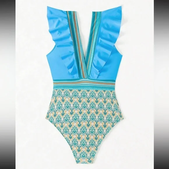Boho floral print ruffle trim one piece swimsuit